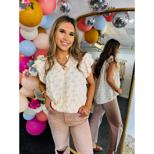 Cream & Pink Ruffle Sleeve Top
