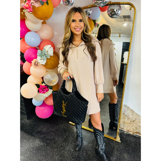 Cream Ribbed Long Sleeve Dress