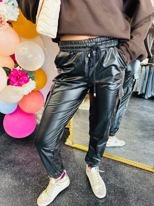 Black Leather Joggers