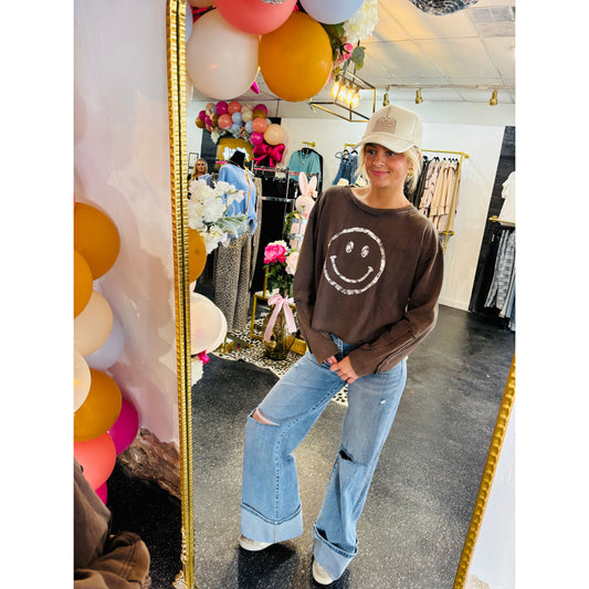 Brown Smiley Cropped Crew