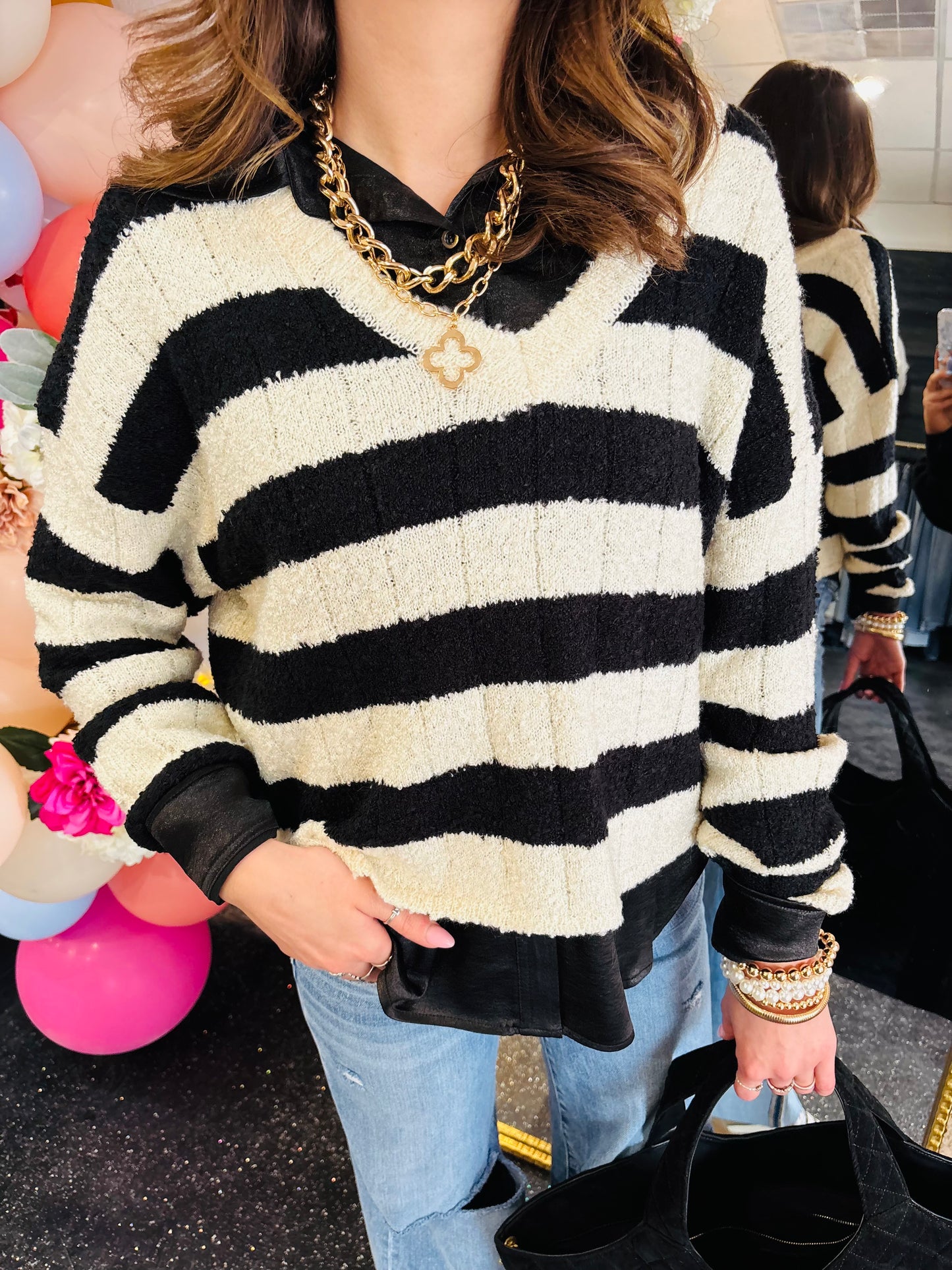 White & Black Striped Sweater